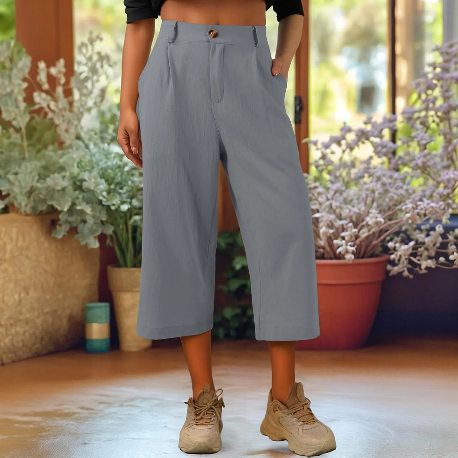 Linen Capri Pants for Women Casual Summer Loose Wide Leg Pants Trendy Button Down Waist Cropped Trouser with Pockets