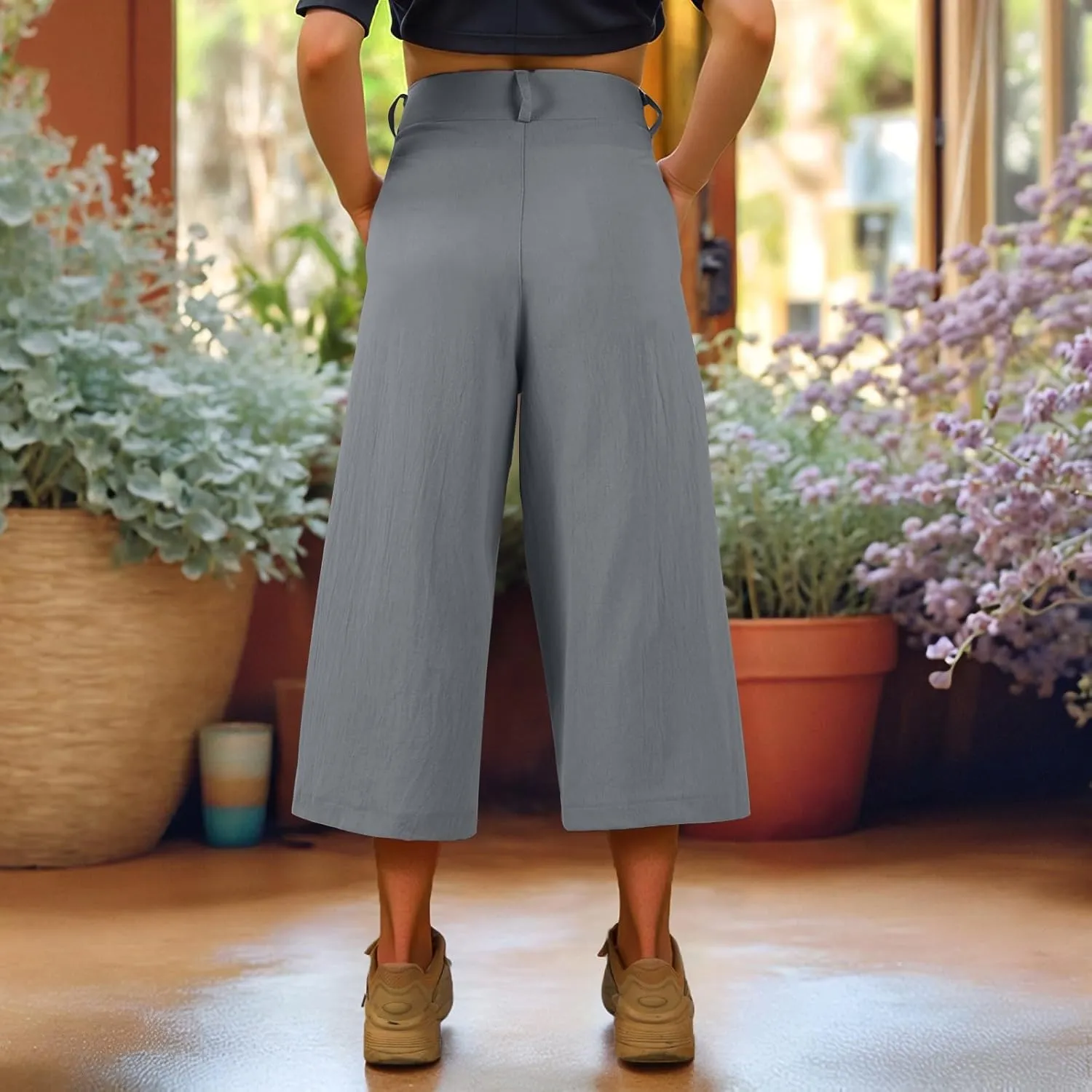 Linen Capri Pants for Women Casual Summer Loose Wide Leg Pants Trendy Button Down Waist Cropped Trouser with Pockets