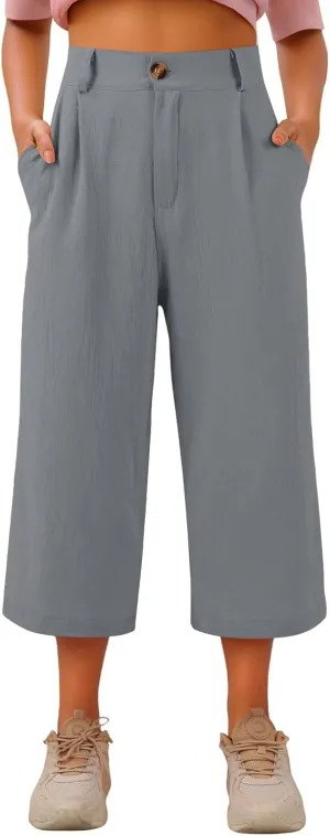 Linen Capri Pants for Women Casual Summer Loose Wide Leg Pants Trendy Button Down Waist Cropped Trouser with Pockets