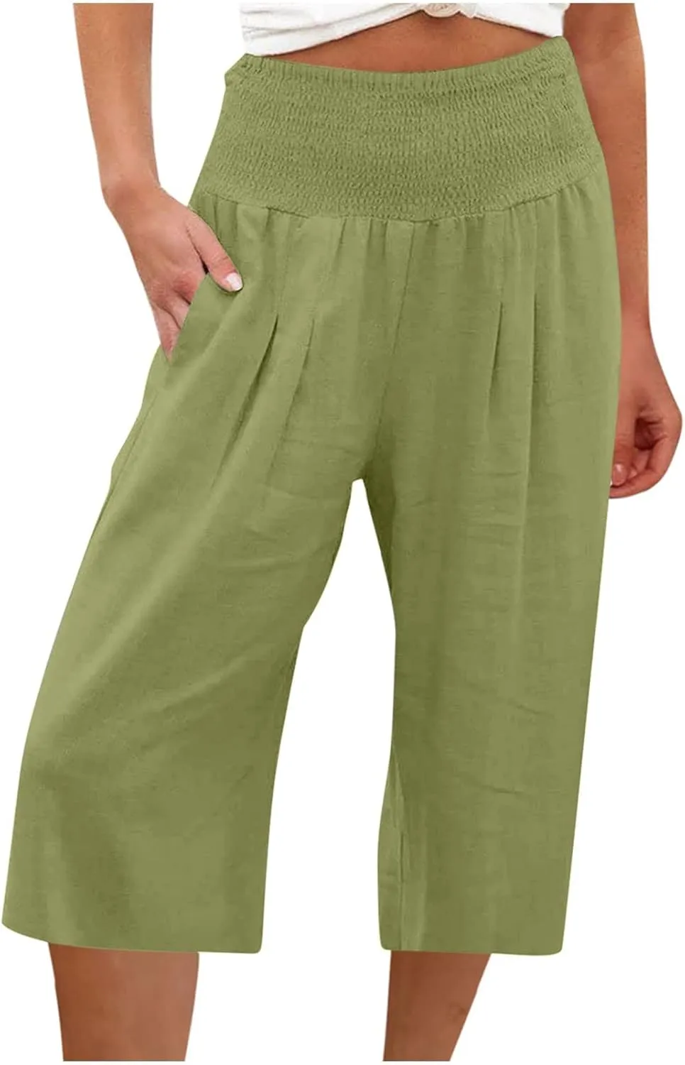 Linen Capri Pants for Women Elastic High Waisted Wide Leg Pant Baggy Lightweight Casual Summer Trendy Palazzo Trouser