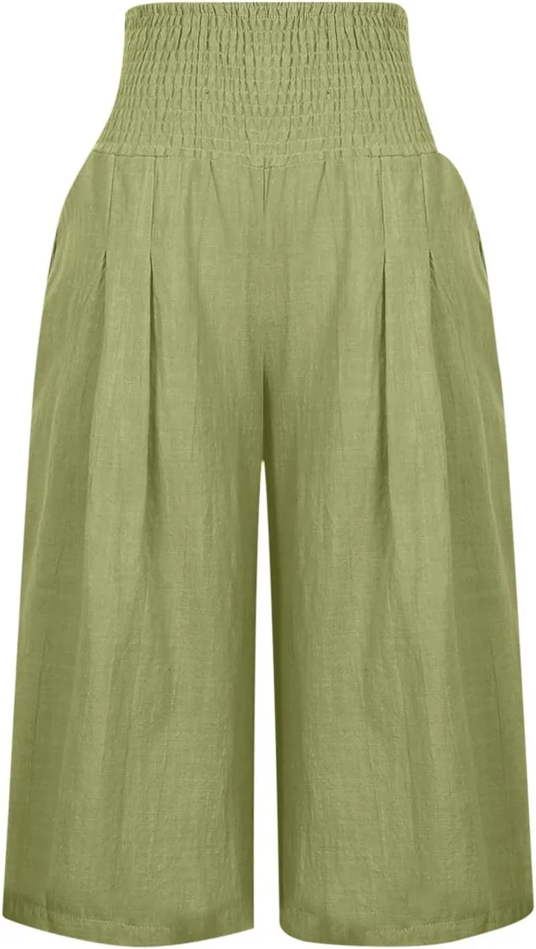 Linen Capri Pants for Women Elastic High Waisted Wide Leg Pant Baggy Lightweight Casual Summer Trendy Palazzo Trouser