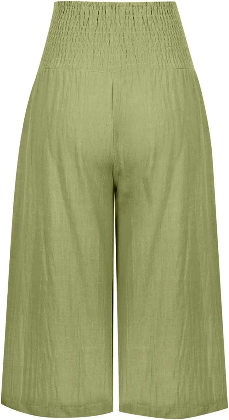 Linen Capri Pants for Women Elastic High Waisted Wide Leg Pant Baggy Lightweight Casual Summer Trendy Palazzo Trouser