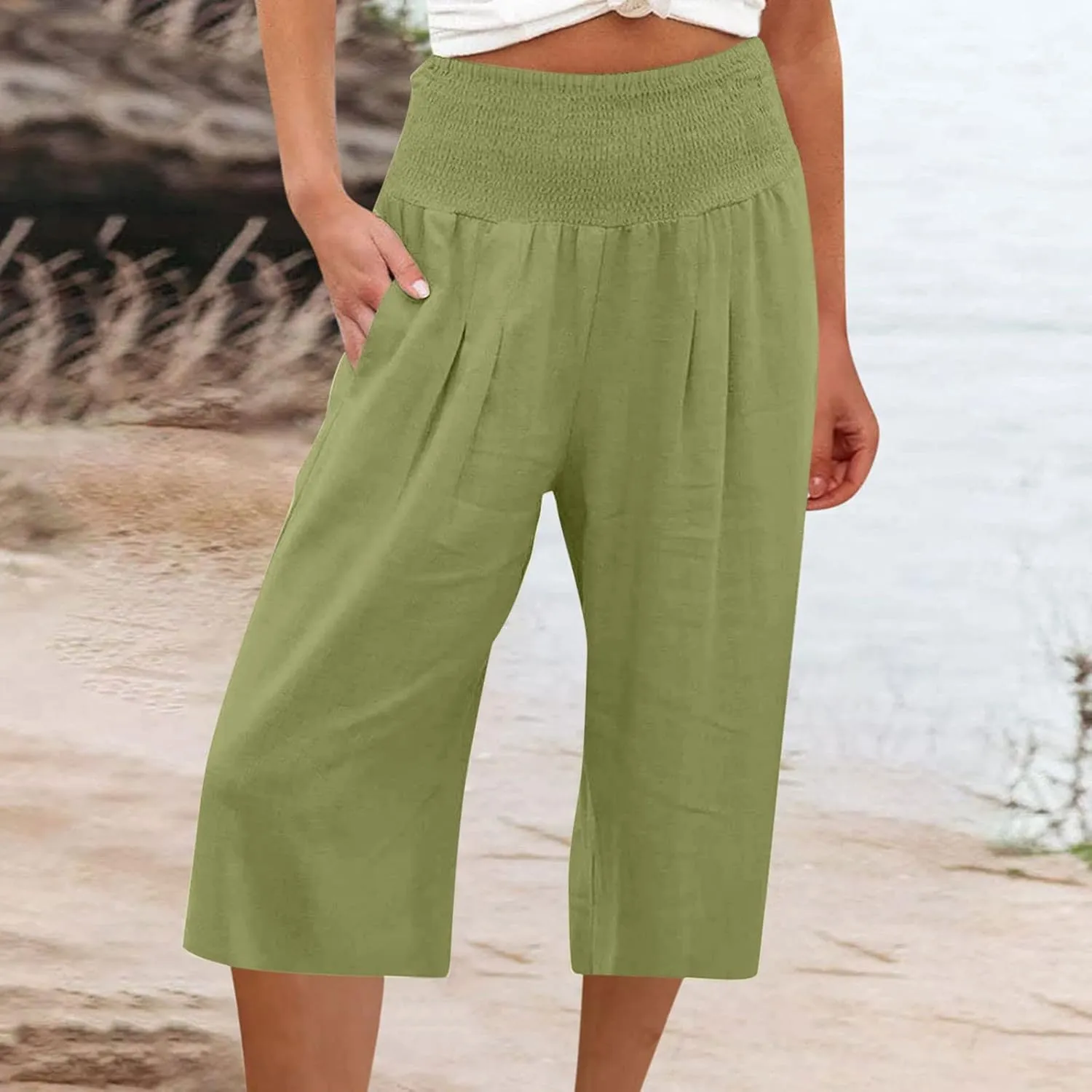 Linen Capri Pants for Women Elastic High Waisted Wide Leg Pant Baggy Lightweight Casual Summer Trendy Palazzo Trouser