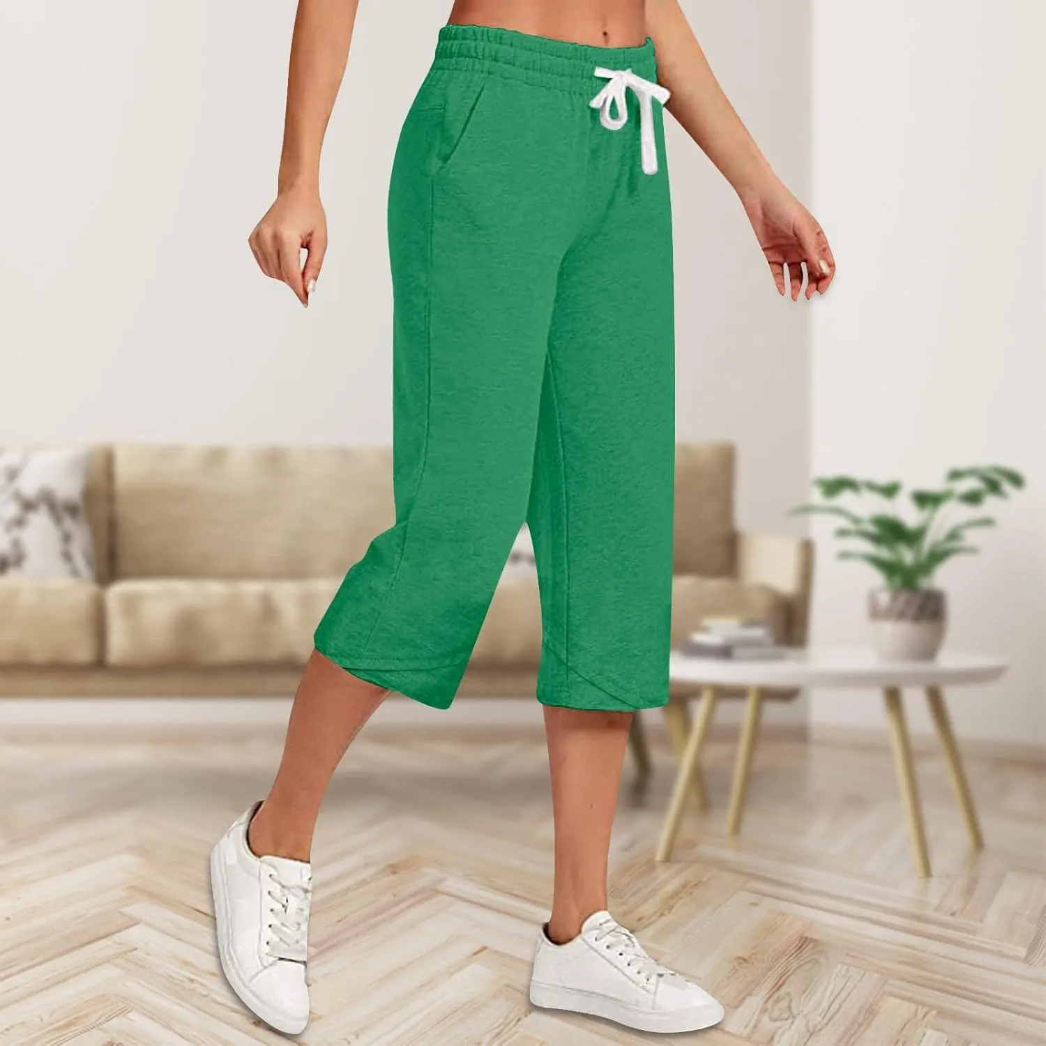 Linen Capri Pants Women Plus Size Elastic Waist Drawstring Wide Leg Cropped Lounge Trousers Summer Beach Pant Outfits