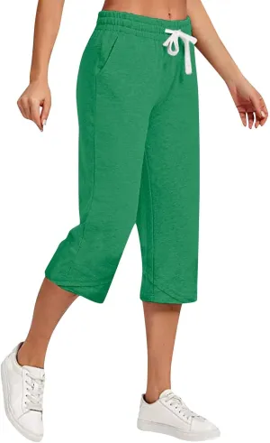 Linen Capri Pants Women Plus Size Elastic Waist Drawstring Wide Leg Cropped Lounge Trousers Summer Beach Pant Outfits