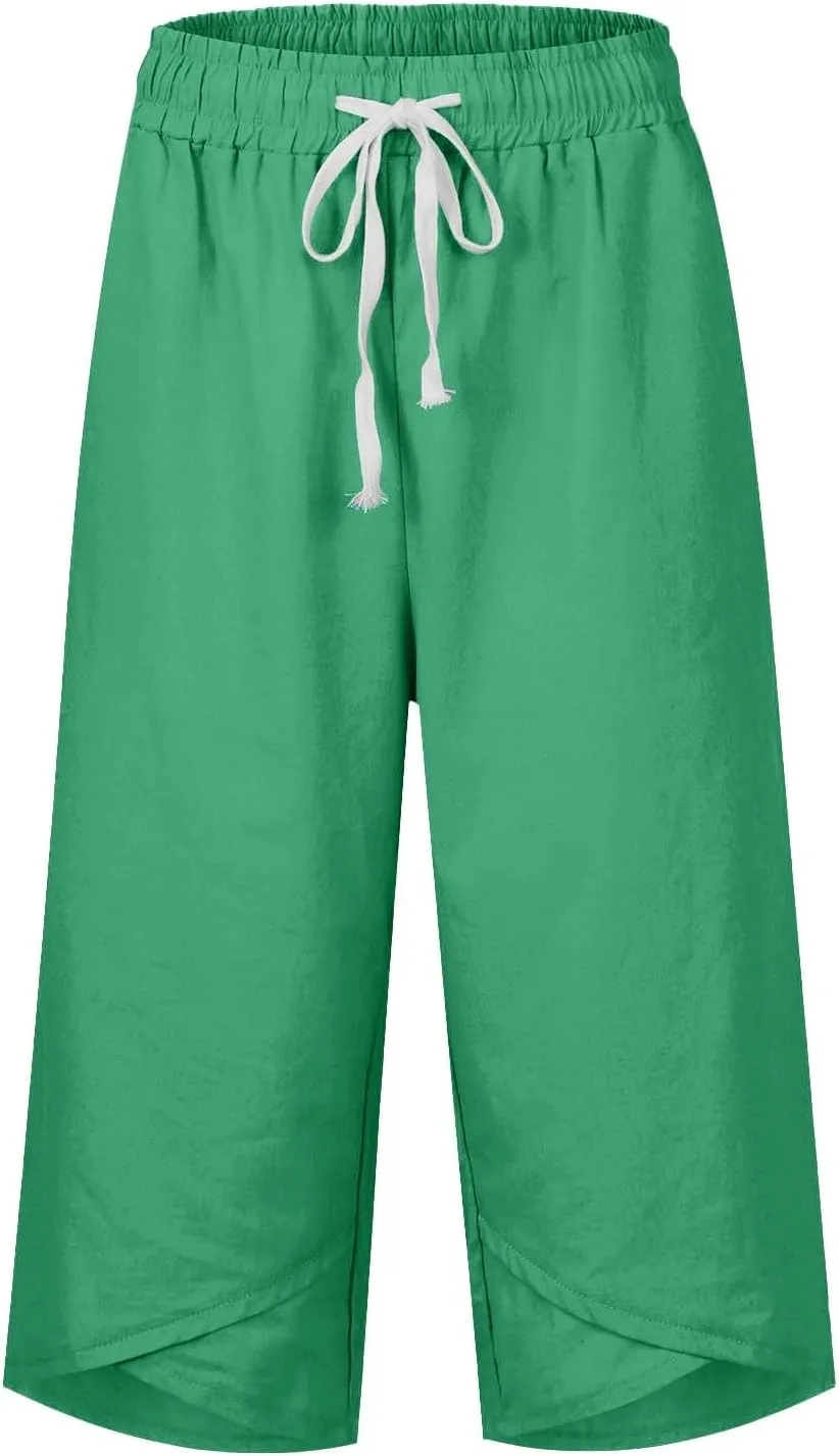 Linen Capri Pants Women Plus Size Elastic Waist Drawstring Wide Leg Cropped Lounge Trousers Summer Beach Pant Outfits