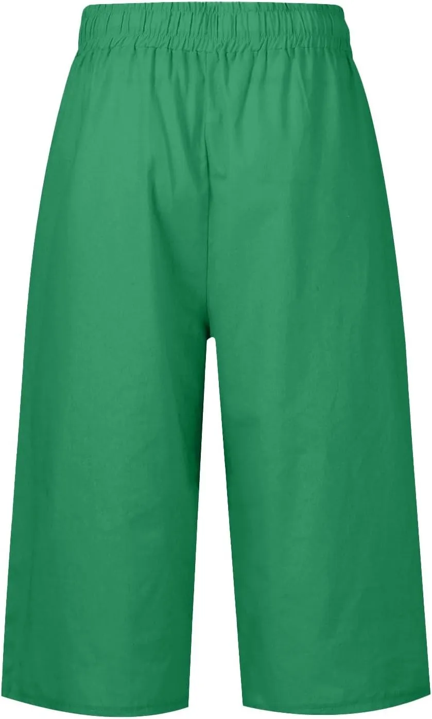 Linen Capri Pants Women Plus Size Elastic Waist Drawstring Wide Leg Cropped Lounge Trousers Summer Beach Pant Outfits