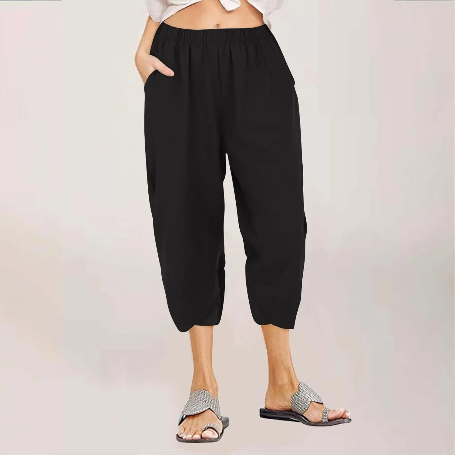 Linen Capris Pants Women Plus Size Casual Summer 2025 Loose Fit Drawstring Elastic Waist Cropped Trouser Lounge Pant