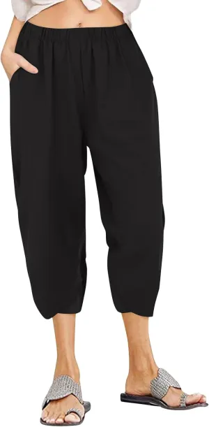 Linen Capris Pants Women Plus Size Casual Summer 2025 Loose Fit Drawstring Elastic Waist Cropped Trouser Lounge Pant