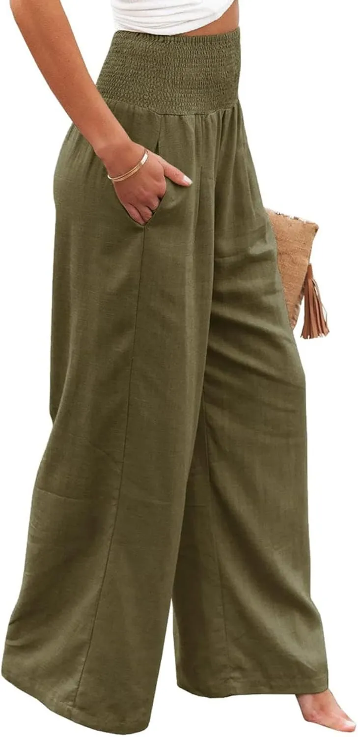 Linen Palazzo Pants for Women High Waist Summer Wide Leg Pants Lightweight Flowy Drawstring Smocked Lounge Trousers