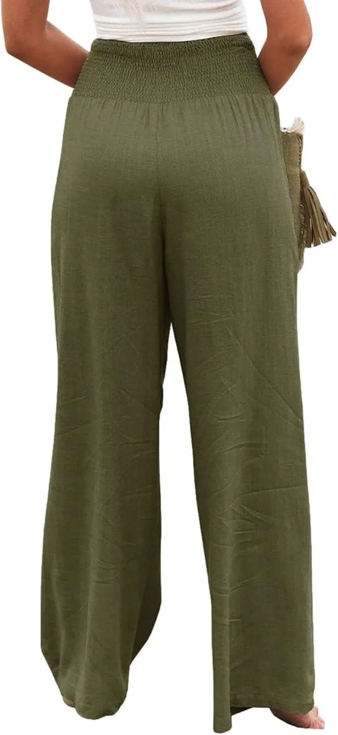 Linen Palazzo Pants for Women High Waist Summer Wide Leg Pants Lightweight Flowy Drawstring Smocked Lounge Trousers