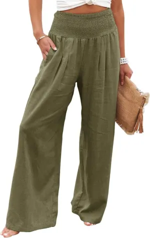 Linen Palazzo Pants for Women High Waist Summer Wide Leg Pants Lightweight Flowy Drawstring Smocked Lounge Trousers