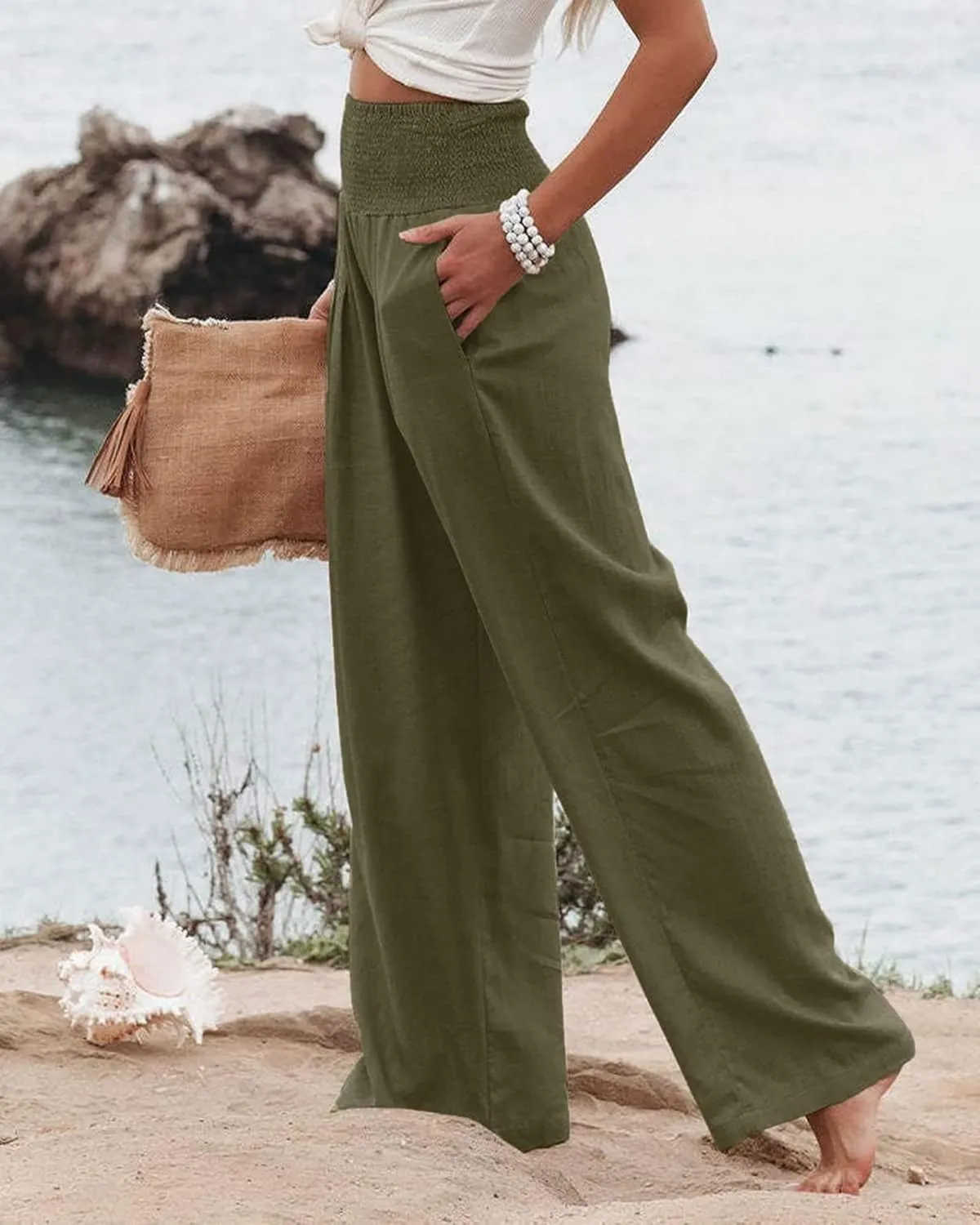 Linen Palazzo Pants for Women High Waist Summer Wide Leg Pants Lightweight Flowy Drawstring Smocked Lounge Trousers