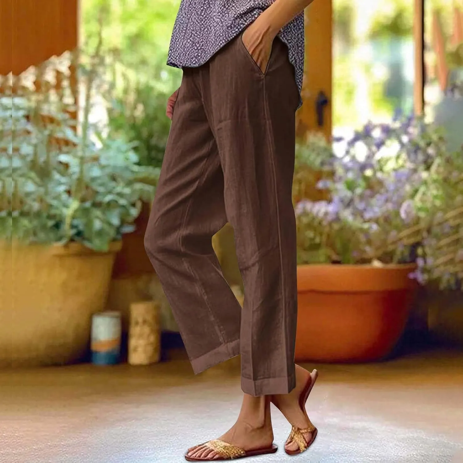 Linen Pants for Women Casual Loose High Waist Wide Leg Palazzo Pants 2025 Summer Boho Floral Flowy Beach Trousers