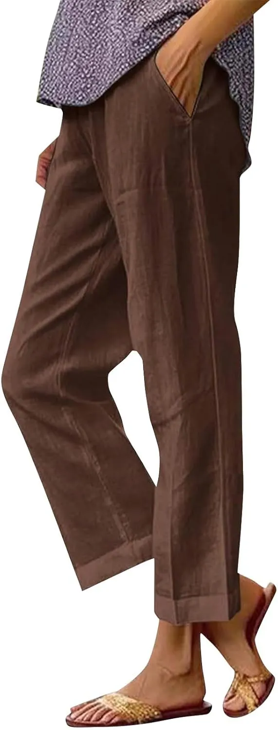 Linen Pants for Women Casual Loose High Waist Wide Leg Palazzo Pants 2025 Summer Boho Floral Flowy Beach Trousers