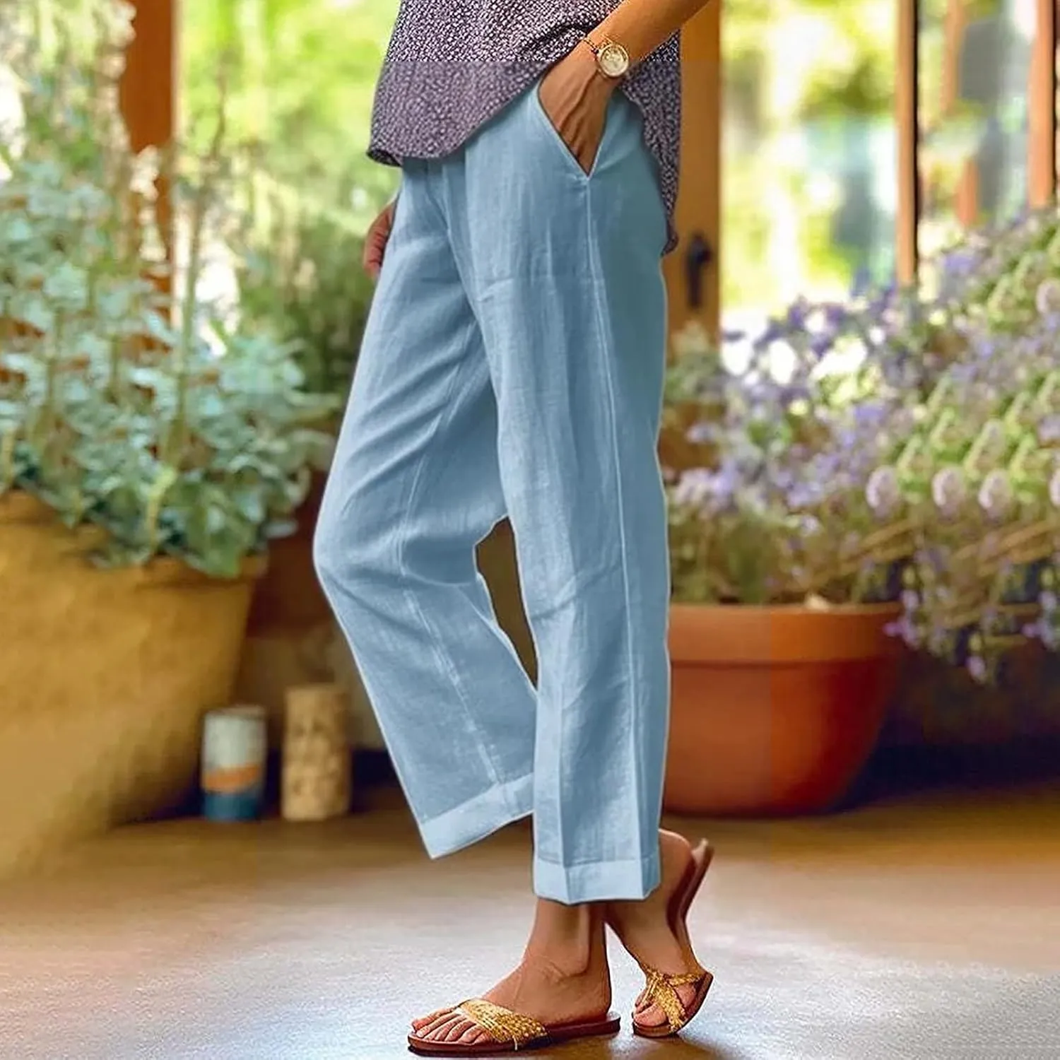 Linen Pants for Women Casual Loose High Waist Wide Leg Palazzo Pants 2025 Summer Boho Floral Lightweight Beach Trousers