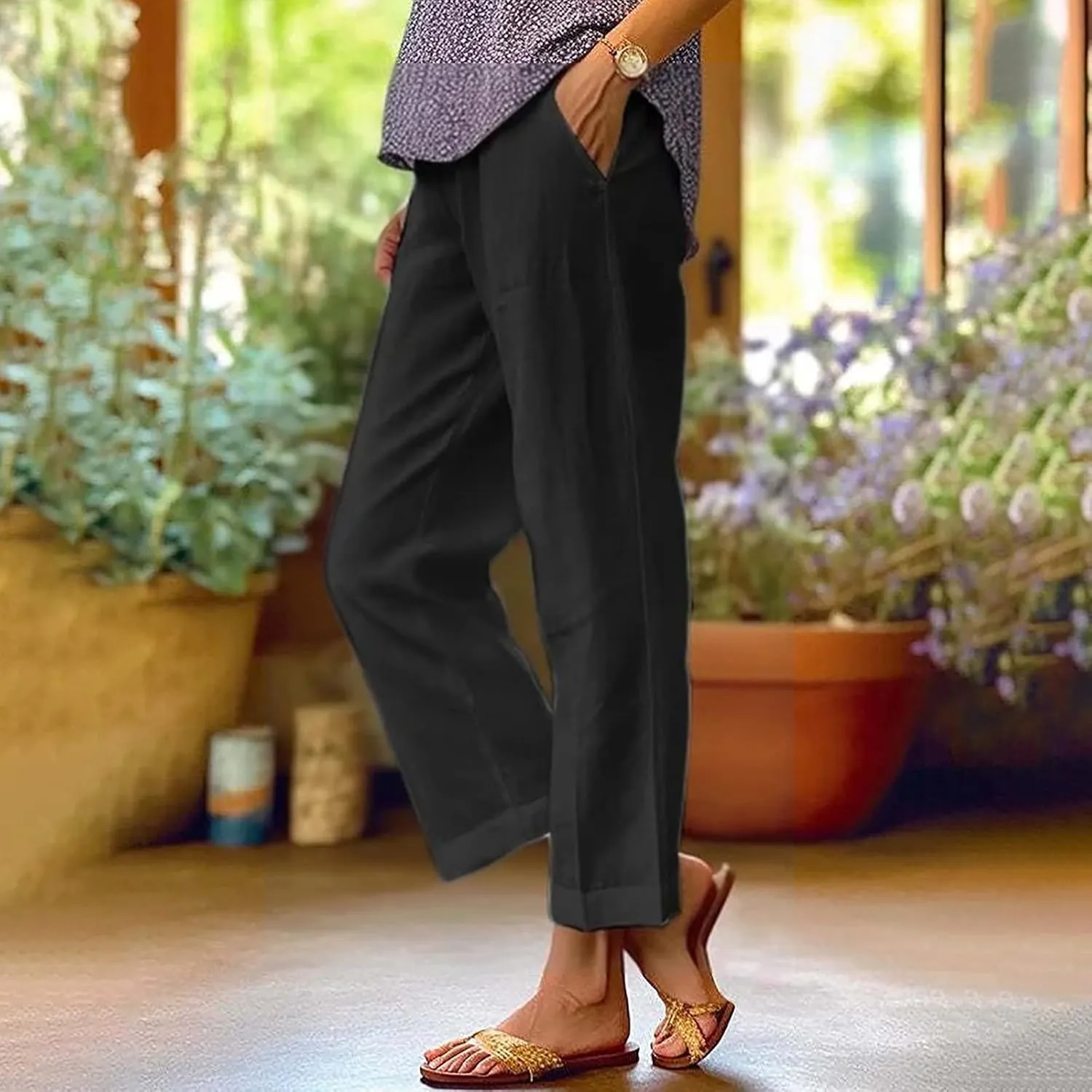 Linen Pants for Women Casual Loose High Waist Wide Leg Palazzo Pants 2025 Summer Boho Floral Lightweight Beach Trousers