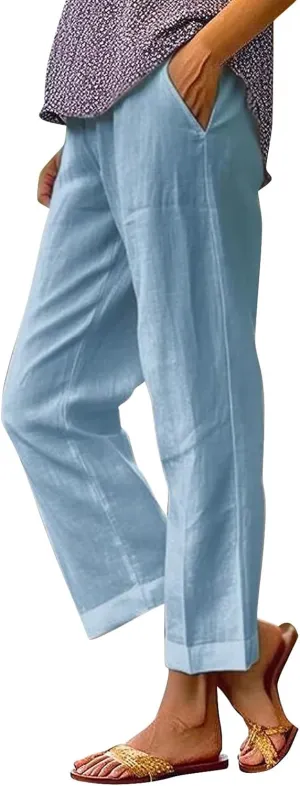 Linen Pants for Women Casual Loose High Waist Wide Leg Palazzo Pants 2025 Summer Boho Floral Lightweight Beach Trousers