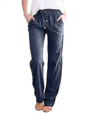 Linen Pants for Women High Waist Casual Wide Leg Pants Drawstring Summer Pants with Pockets Beach Palazzo Pants Trousers, X-Large, #A8-navy