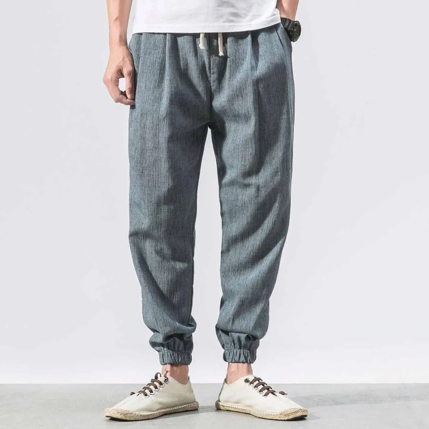 Linen Pants Men Beach Casual Drawstring Elastic Waist Beach Yoga Pants Summer Lightweight Trousers with Pockets