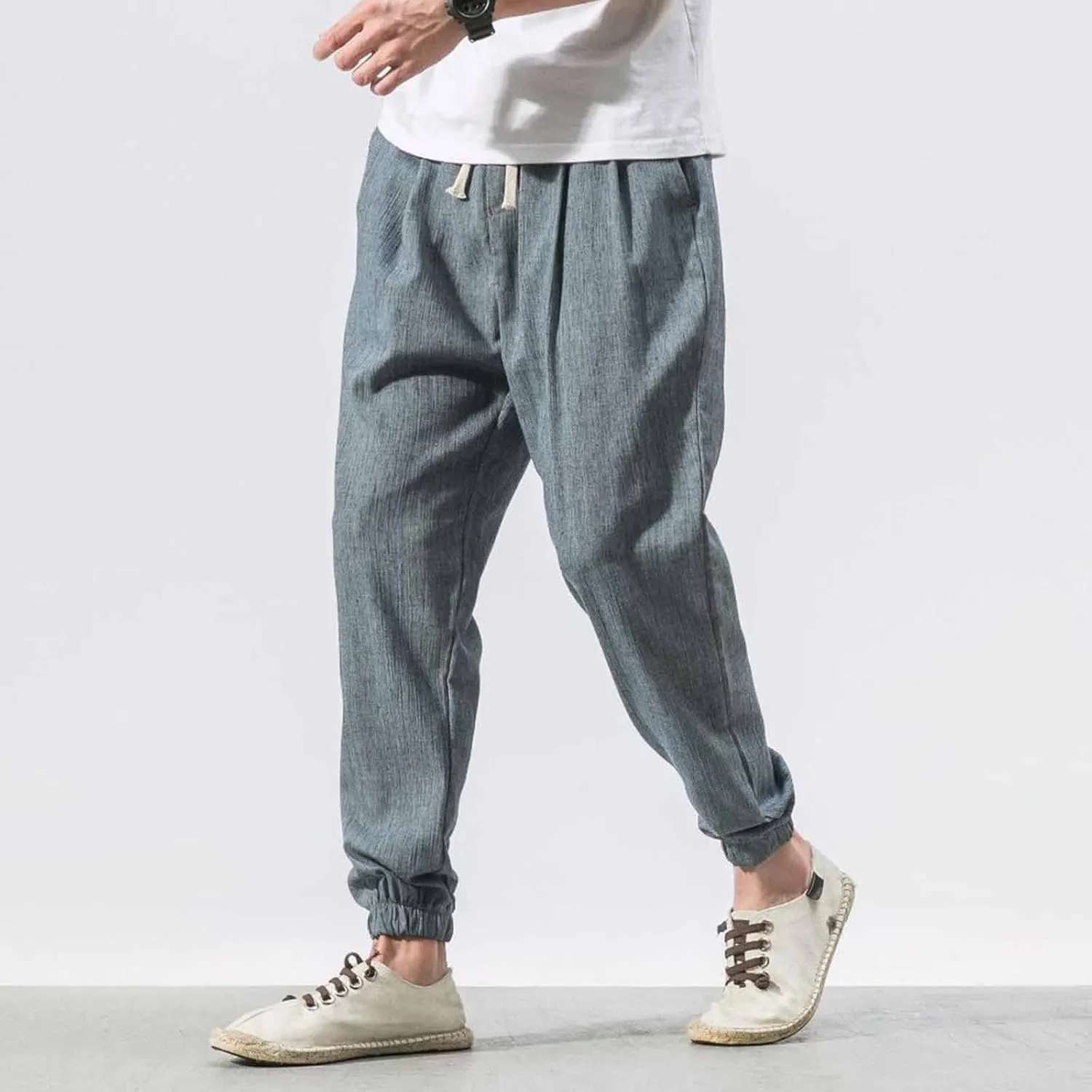Linen Pants Men Beach Casual Drawstring Elastic Waist Beach Yoga Pants Summer Lightweight Trousers with Pockets