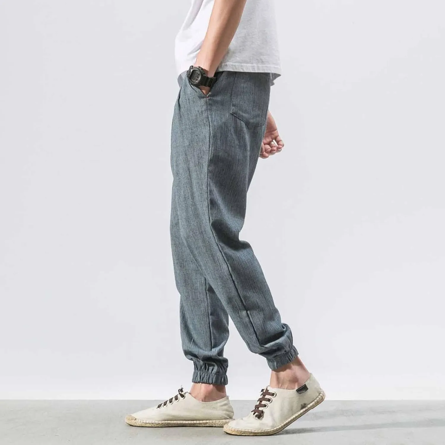 Linen Pants Men Beach Casual Drawstring Elastic Waist Beach Yoga Pants Summer Lightweight Trousers with Pockets