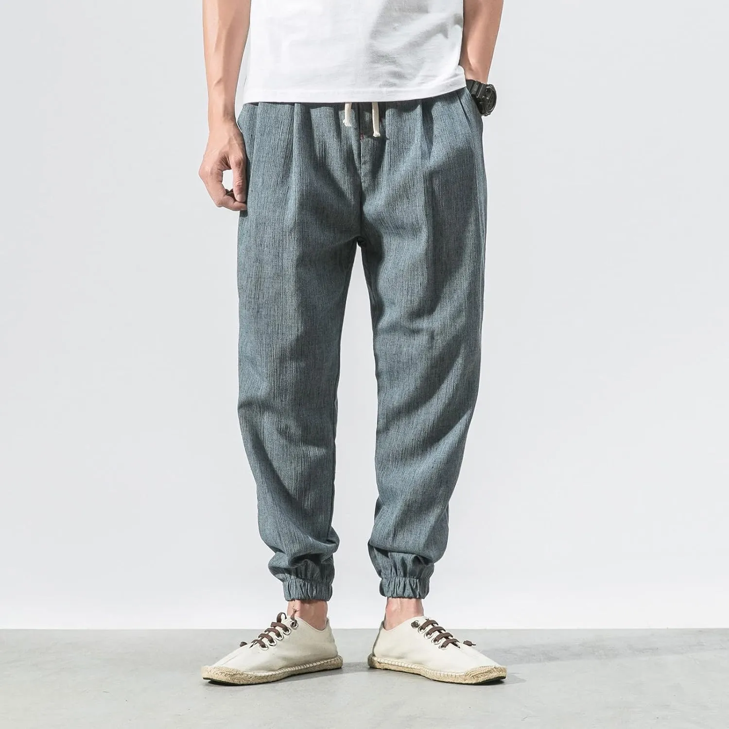 Linen Pants Men Beach Casual Drawstring Elastic Waist Beach Yoga Pants Summer Lightweight Trousers with Pockets