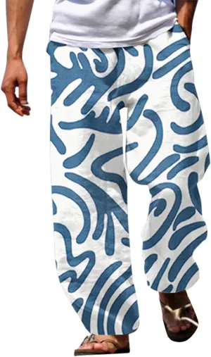 Linen Pants Men Beach Casual Elastic Waist Summer Stripe Beach Pants Lightweight Breathable Yoga Vacation Trousers