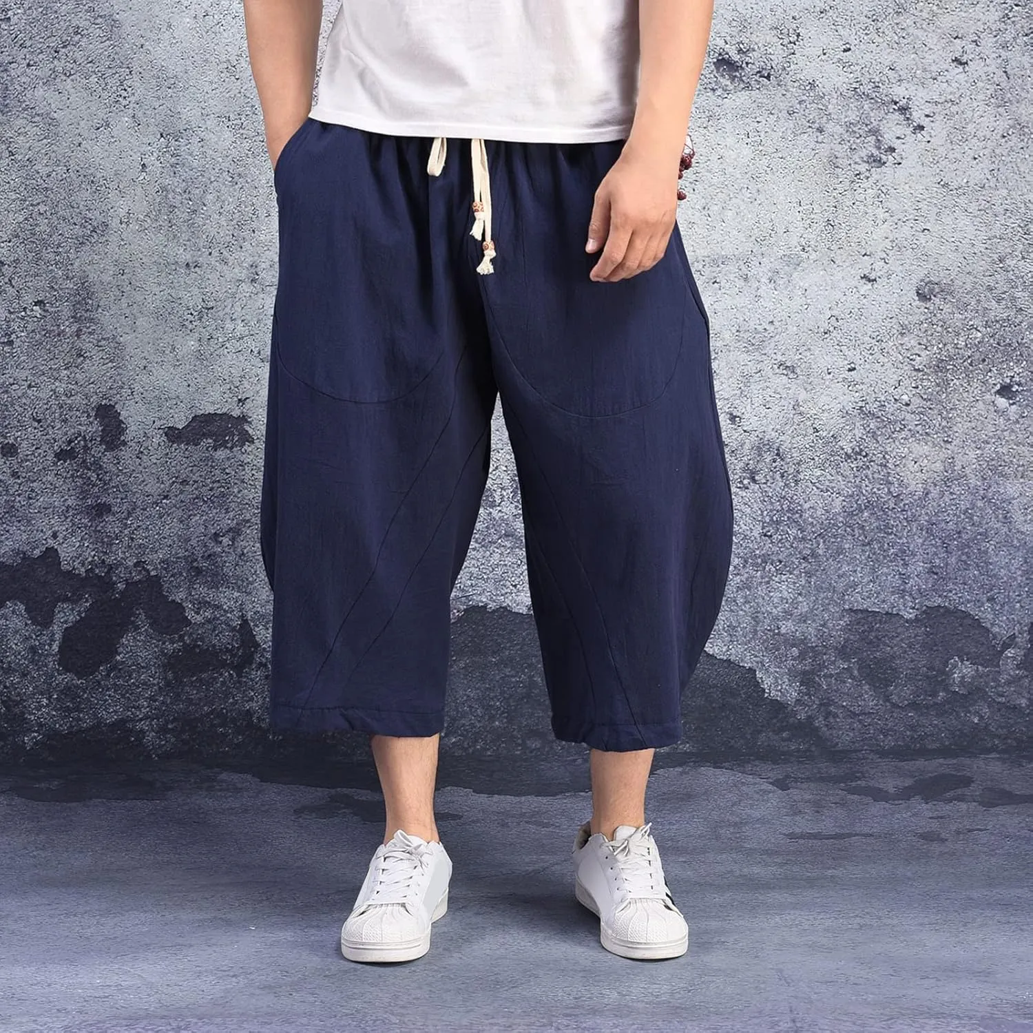 Linen Pants Men Big and Tall Elastic Waist Lounge Hip Hop Harem Pants Summer Casual Straight Leg Dress Trousers