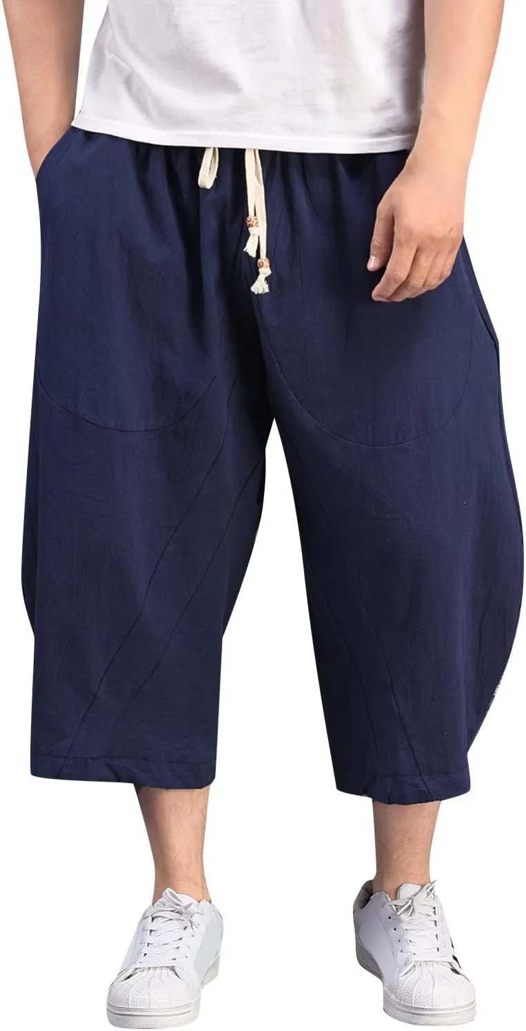 Linen Pants Men Big and Tall Elastic Waist Lounge Hip Hop Harem Pants Summer Casual Straight Leg Dress Trousers