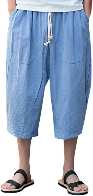 Linen Pants Men Big and Tall Summer Elastic Waist Drawstring Beach Athletic Capri Pants for Workout Jogging Running
