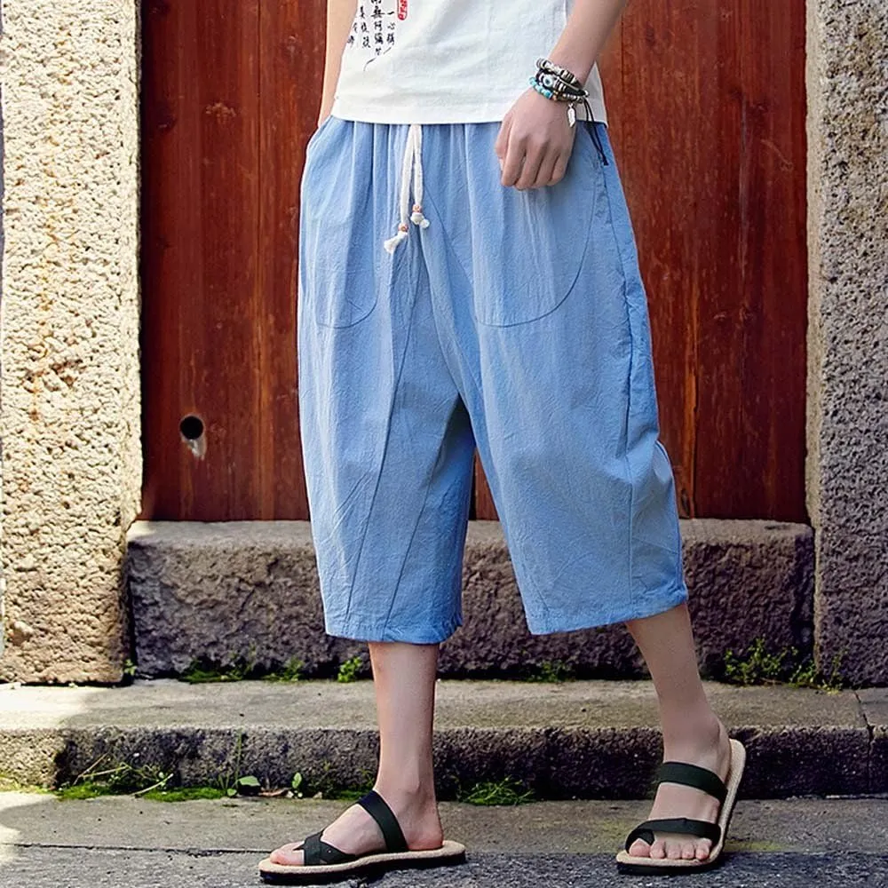 Linen Pants Men Big and Tall Summer Elastic Waist Drawstring Beach Athletic Capri Pants for Workout Jogging Running