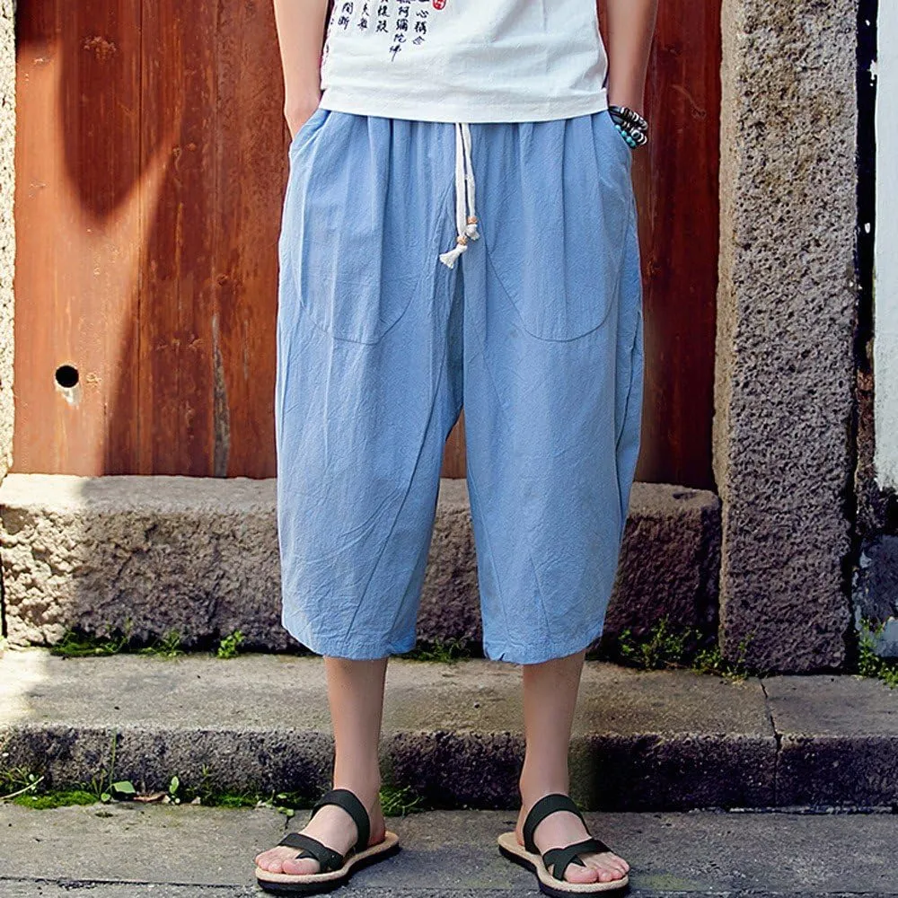Linen Pants Men Big and Tall Summer Elastic Waist Drawstring Beach Athletic Capri Pants for Workout Jogging Running