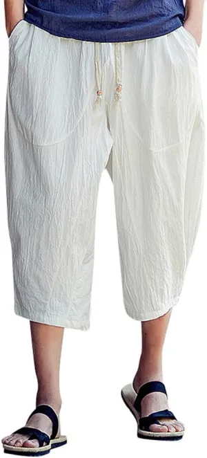 Linen Pants Men Big and Tall Summer Elastic Waist Drawstring Beach Athletic Capri Pants for Workout Jogging Running