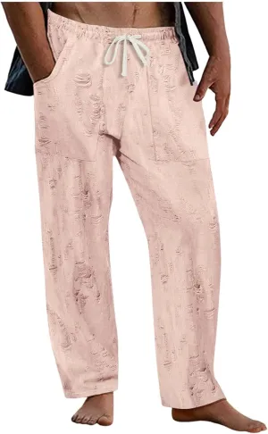 Linen Pants Men Casual Elastic Waist Drawstring Summer Trendy Jogger Pants Linen Yoga Beach Trousers with Pockets