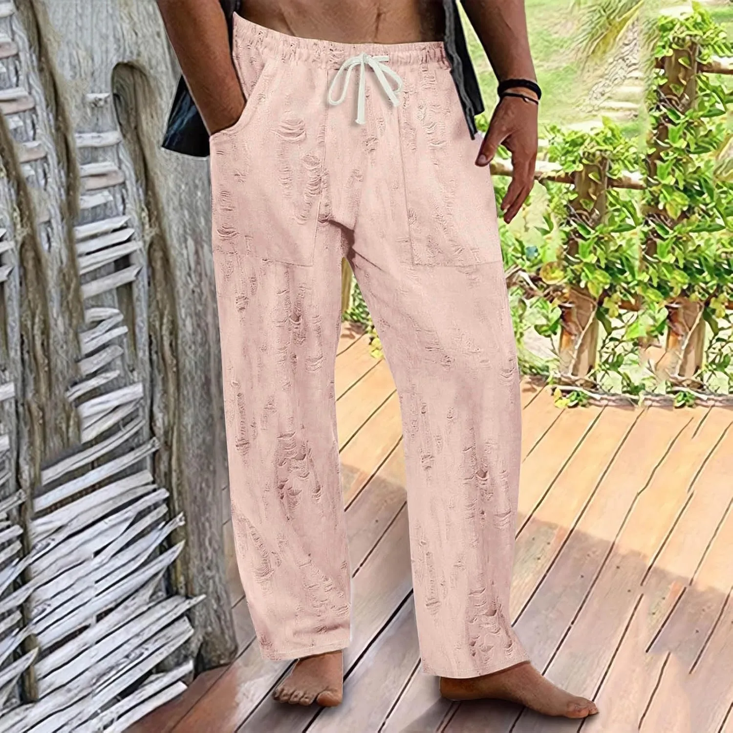 Linen Pants Men Casual Elastic Waist Drawstring Summer Trendy Jogger Pants Linen Yoga Beach Trousers with Pockets