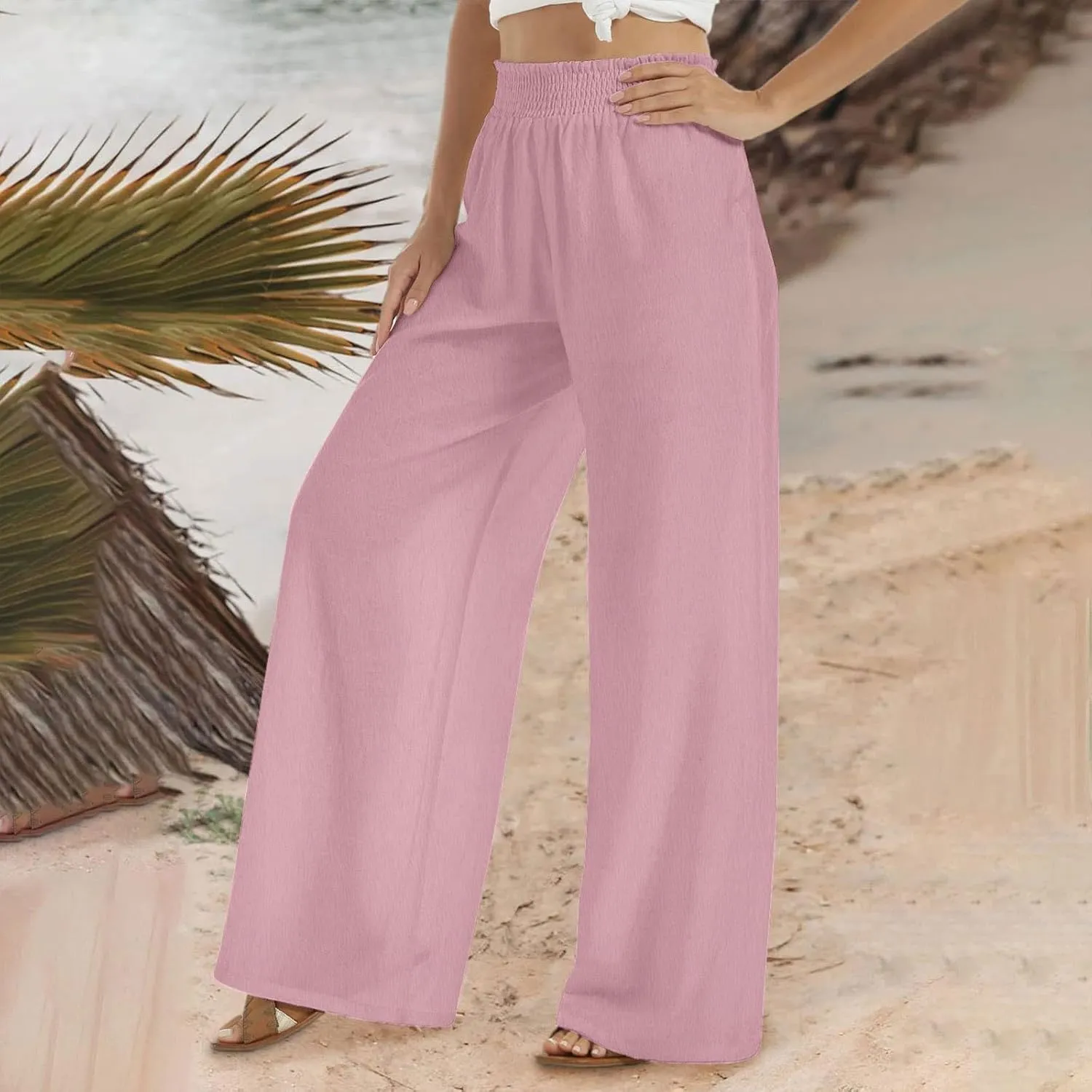 Linen Pants Women 2025 Summer Flowy Palazzo Pants Wide Leg Beach Pants High Waisted Lounge Vacation Trousers