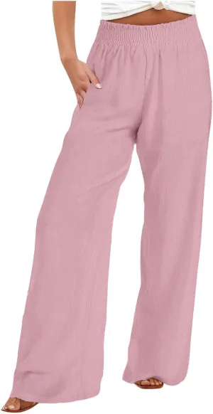 Linen Pants Women 2025 Summer Flowy Palazzo Pants Wide Leg Beach Pants High Waisted Lounge Vacation Trousers