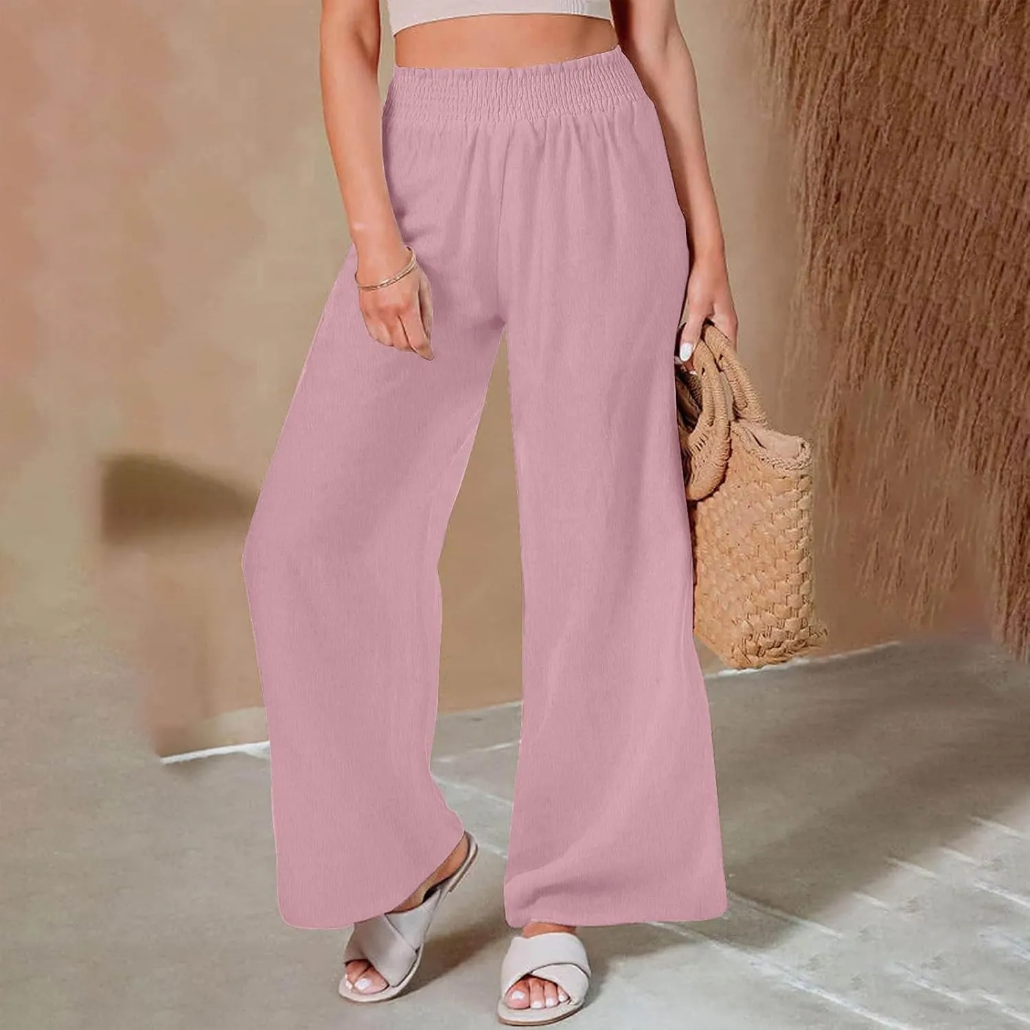 Linen Pants Women 2025 Summer Flowy Palazzo Pants Wide Leg Beach Pants High Waisted Lounge Vacation Trousers