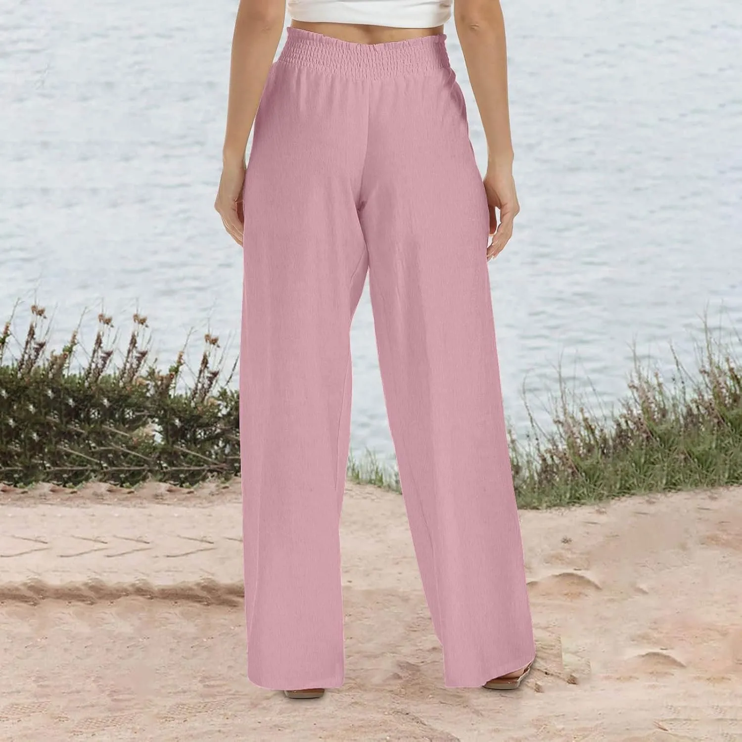 Linen Pants Women 2025 Summer Flowy Palazzo Pants Wide Leg Beach Pants High Waisted Lounge Vacation Trousers