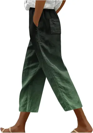 Linen Pants Women Casual Summer Harlan Pants Lightweight Wide Leg Gradient Color Trousers with Drawstring Pockets