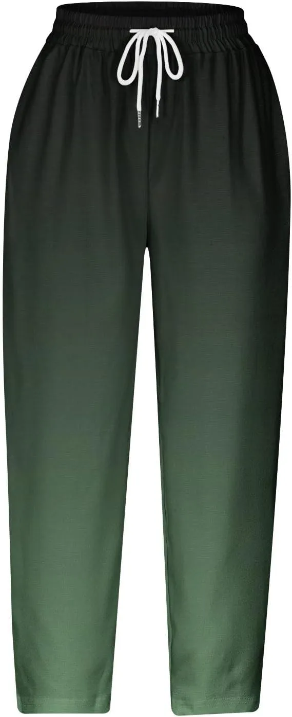 Linen Pants Women Casual Summer Harlan Pants Lightweight Wide Leg Gradient Color Trousers with Drawstring Pockets