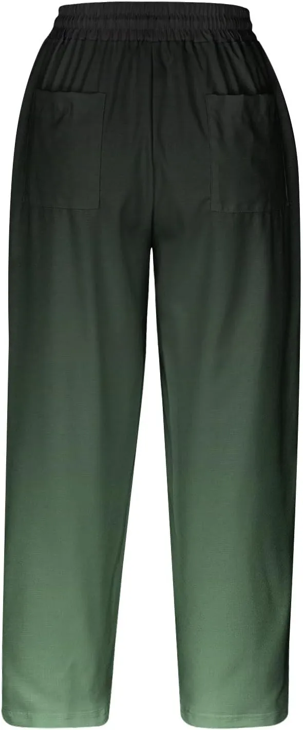 Linen Pants Women Casual Summer Harlan Pants Lightweight Wide Leg Gradient Color Trousers with Drawstring Pockets
