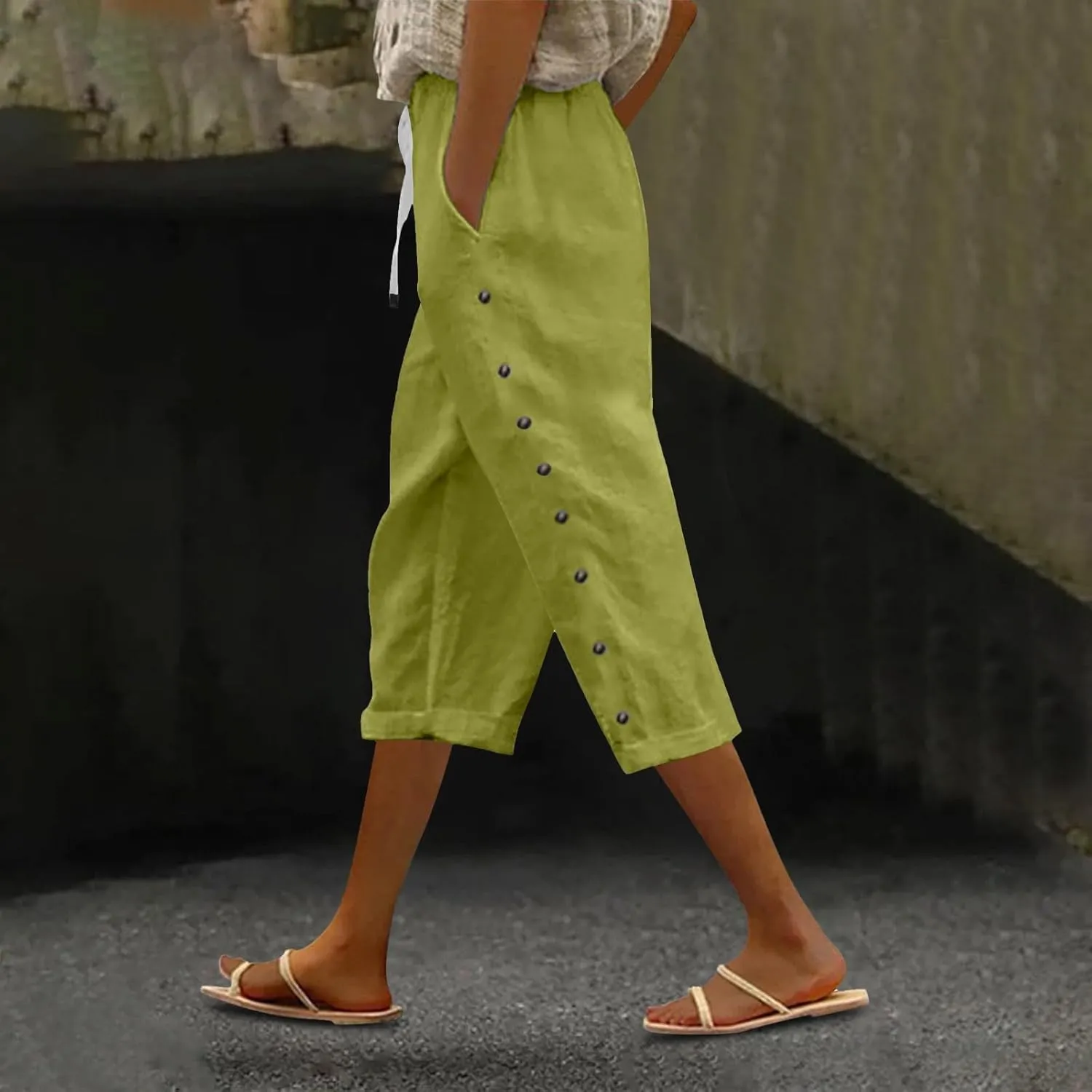 Linen Pants Women Color Cotton Linen Elastic Seven Pants Beach Casual Pants High Waisted Wide Leg Long Lounge Trousers