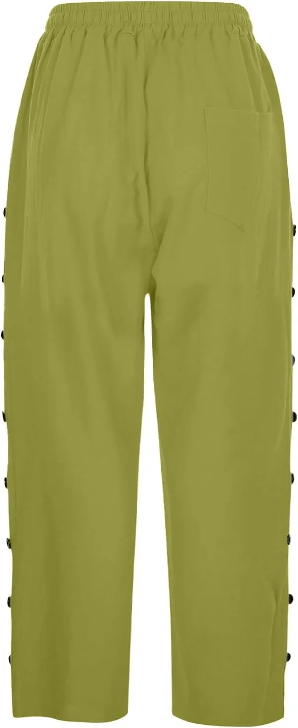 Linen Pants Women Color Cotton Linen Elastic Seven Pants Beach Casual Pants High Waisted Wide Leg Long Lounge Trousers