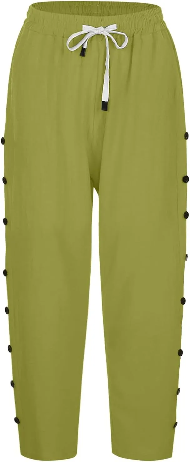 Linen Pants Women Color Cotton Linen Elastic Seven Pants Beach Casual Pants High Waisted Wide Leg Long Lounge Trousers