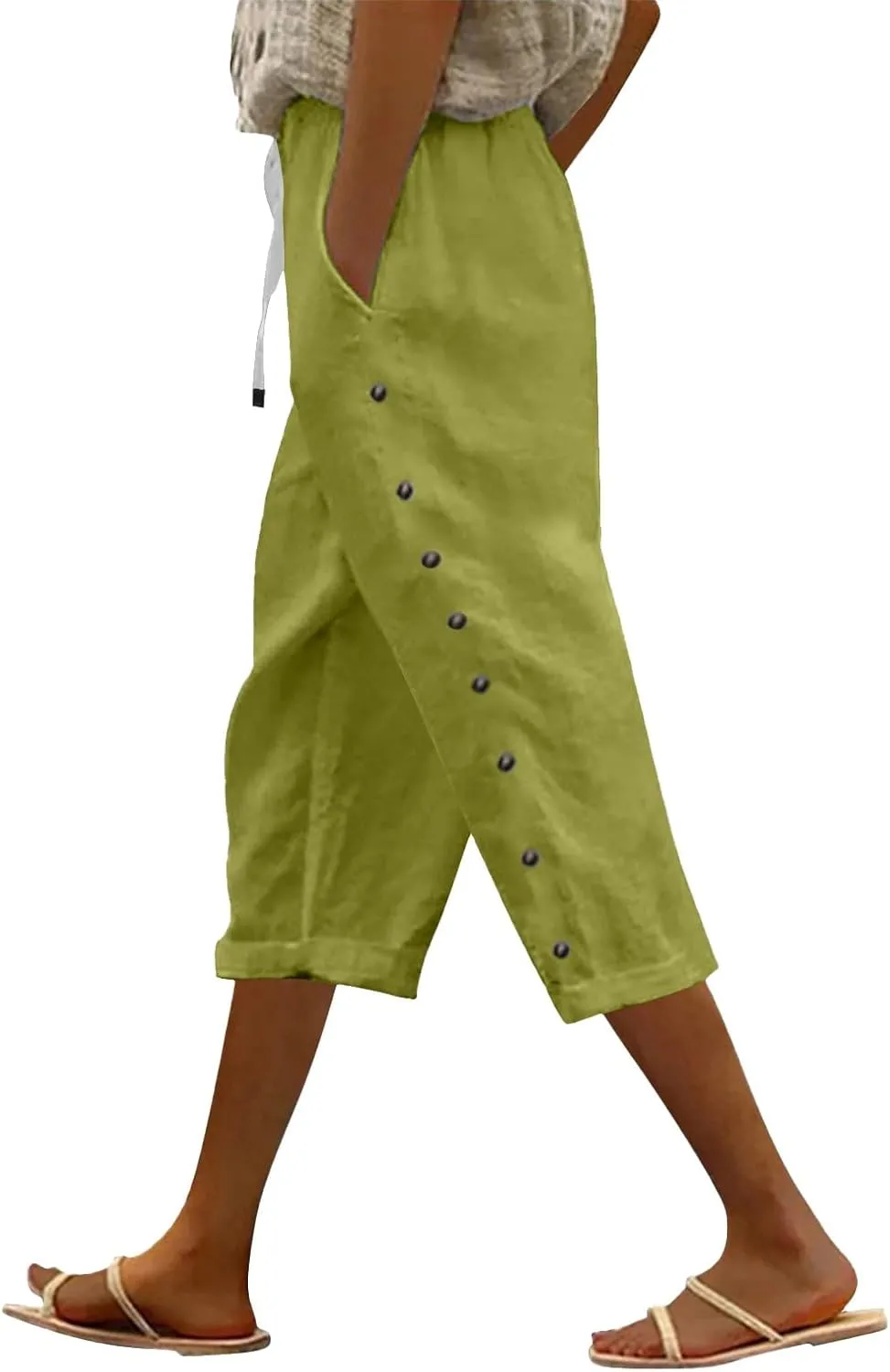 Linen Pants Women Color Cotton Linen Elastic Seven Pants Beach Casual Pants High Waisted Wide Leg Long Lounge Trousers