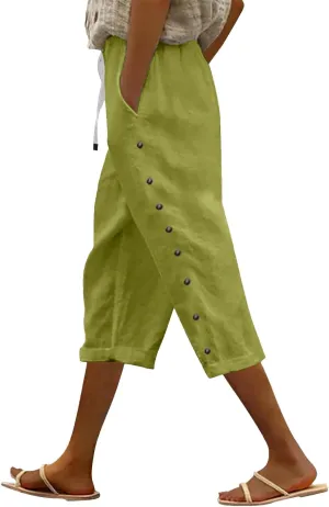 Linen Pants Women Color Cotton Linen Elastic Seven Pants Beach Casual Pants High Waisted Wide Leg Long Lounge Trousers