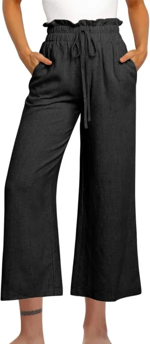 Linen Pants Women Summer Casual Loose Wide Leg Flowy Pants Business Work Travel Plus Size Pants Trousers with Pckets