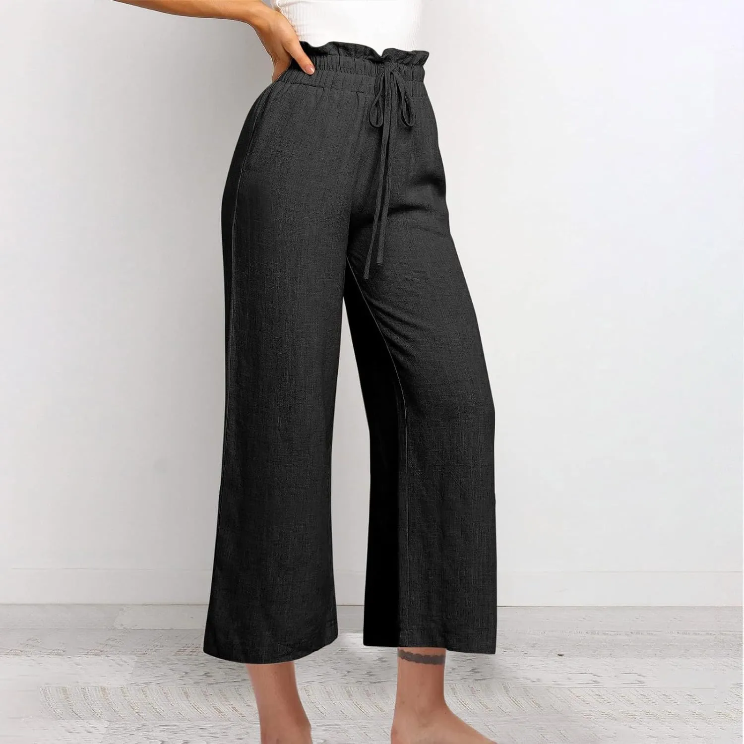 Linen Pants Women Summer Casual Loose Wide Leg Flowy Pants Business Work Travel Plus Size Pants Trousers with Pckets